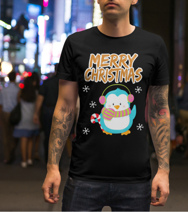 Merry Christmas Penguin With Candy Cane And Snowflakes T-Shirt