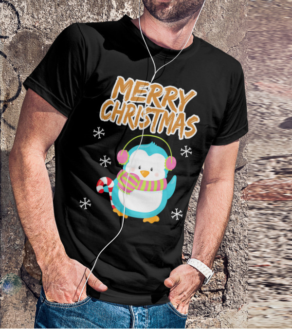 Merry Christmas Penguin With Candy Cane And Snowflakes T-Shirt