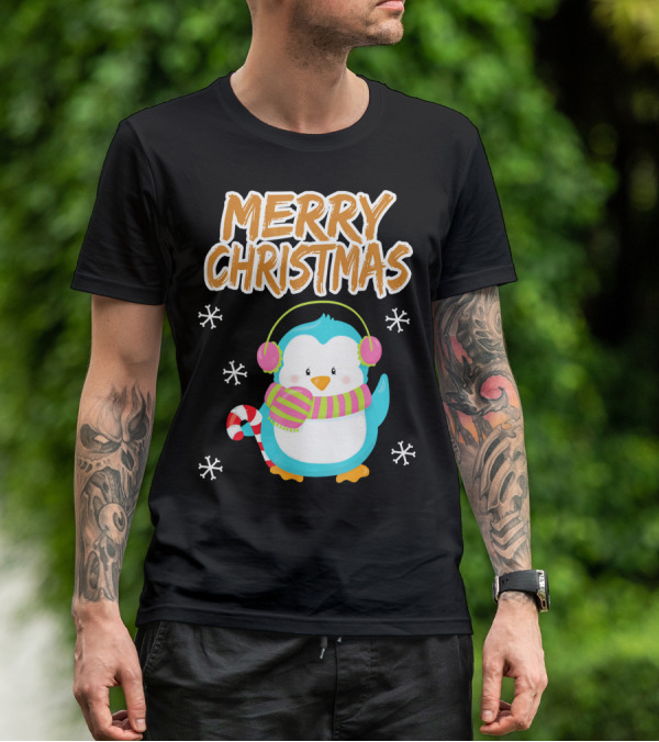 Merry Christmas Penguin With Candy Cane And Snowflakes T-Shirt
