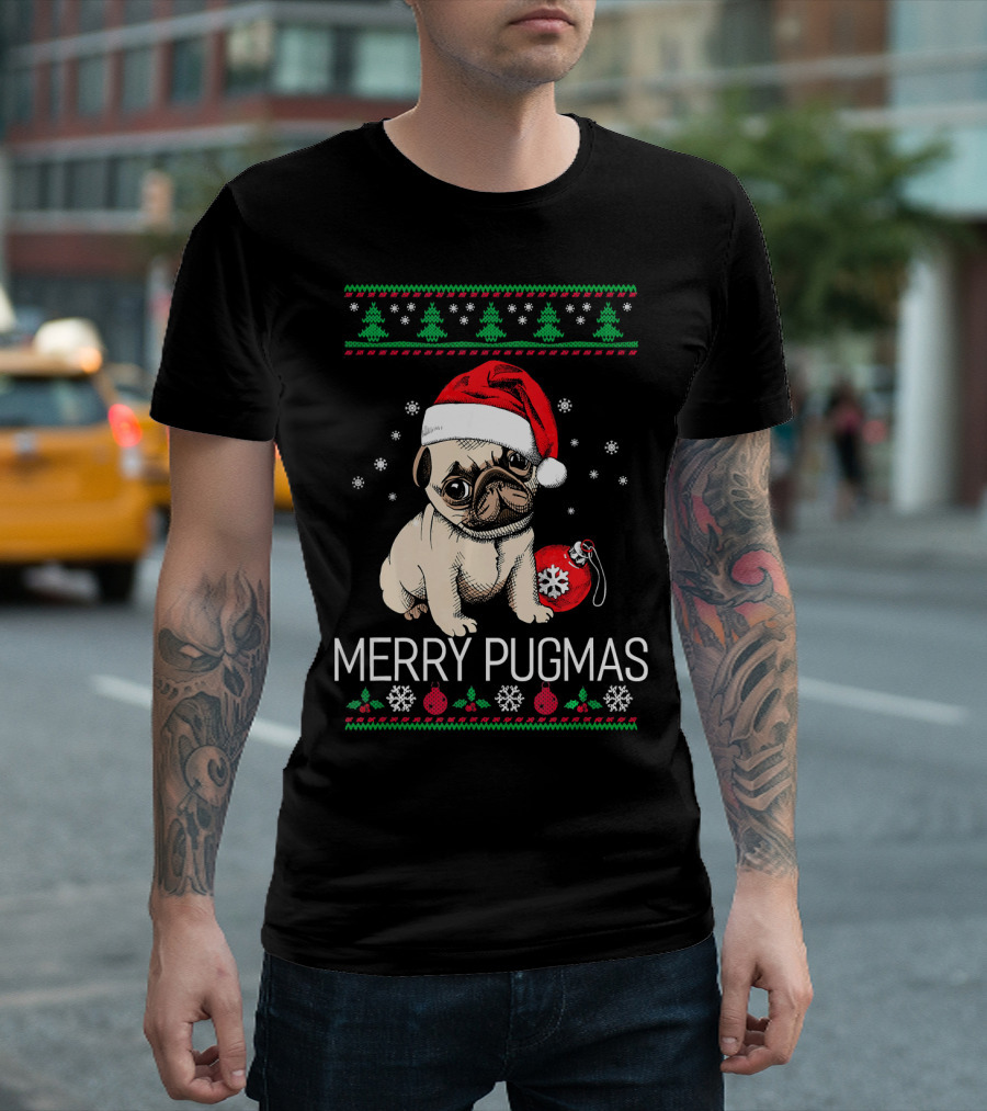 Merry Pugmas Santa Pug with Christmas Trees and Ornaments T-Shirt