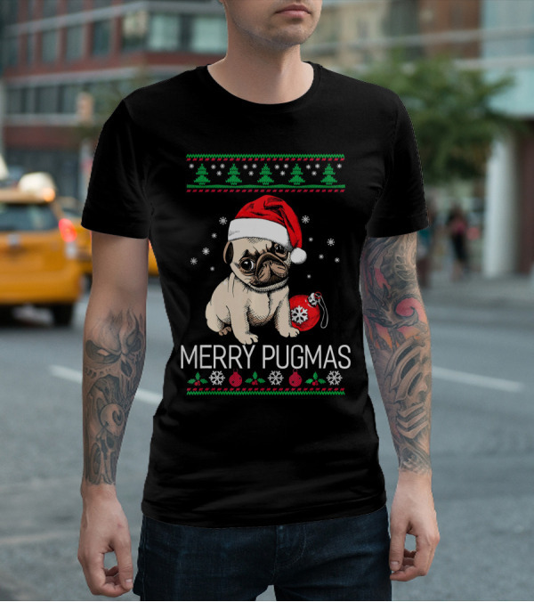 Merry Pugmas Santa Pug With Christmas Trees And Ornaments T-Shirt