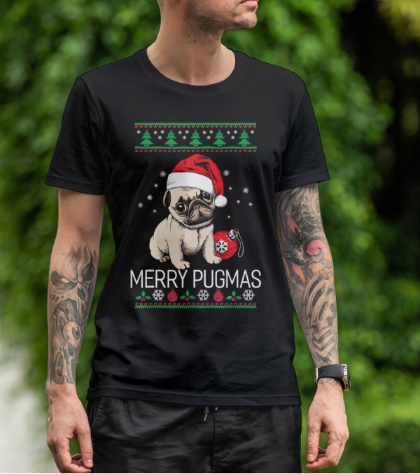 Merry Pugmas Santa Pug With Christmas Trees And Ornaments T-Shirt