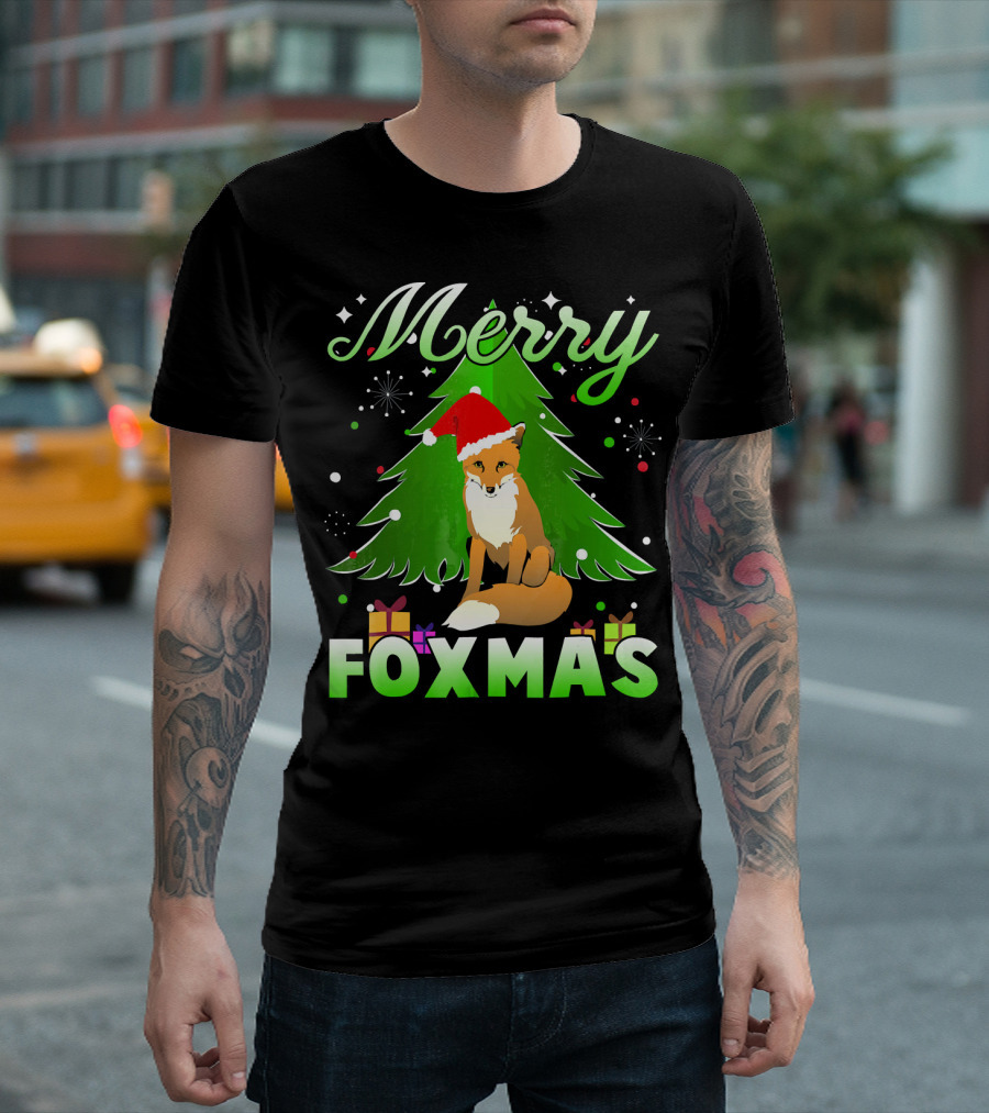 Merry Foxmas Santa Hat Fox And Christmas Tree T-Shirt
