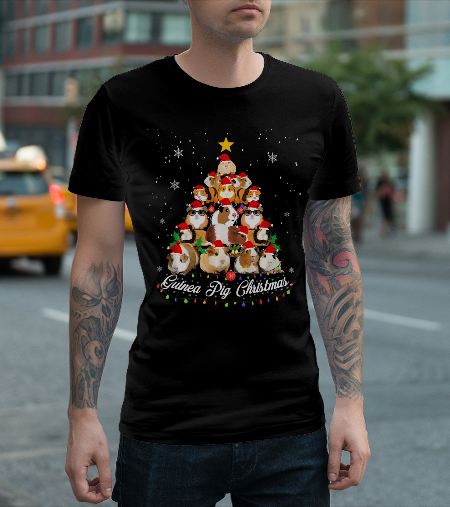 Guinea Pig Christmas Tree With Santa Hats And Snowflakes T-Shirt