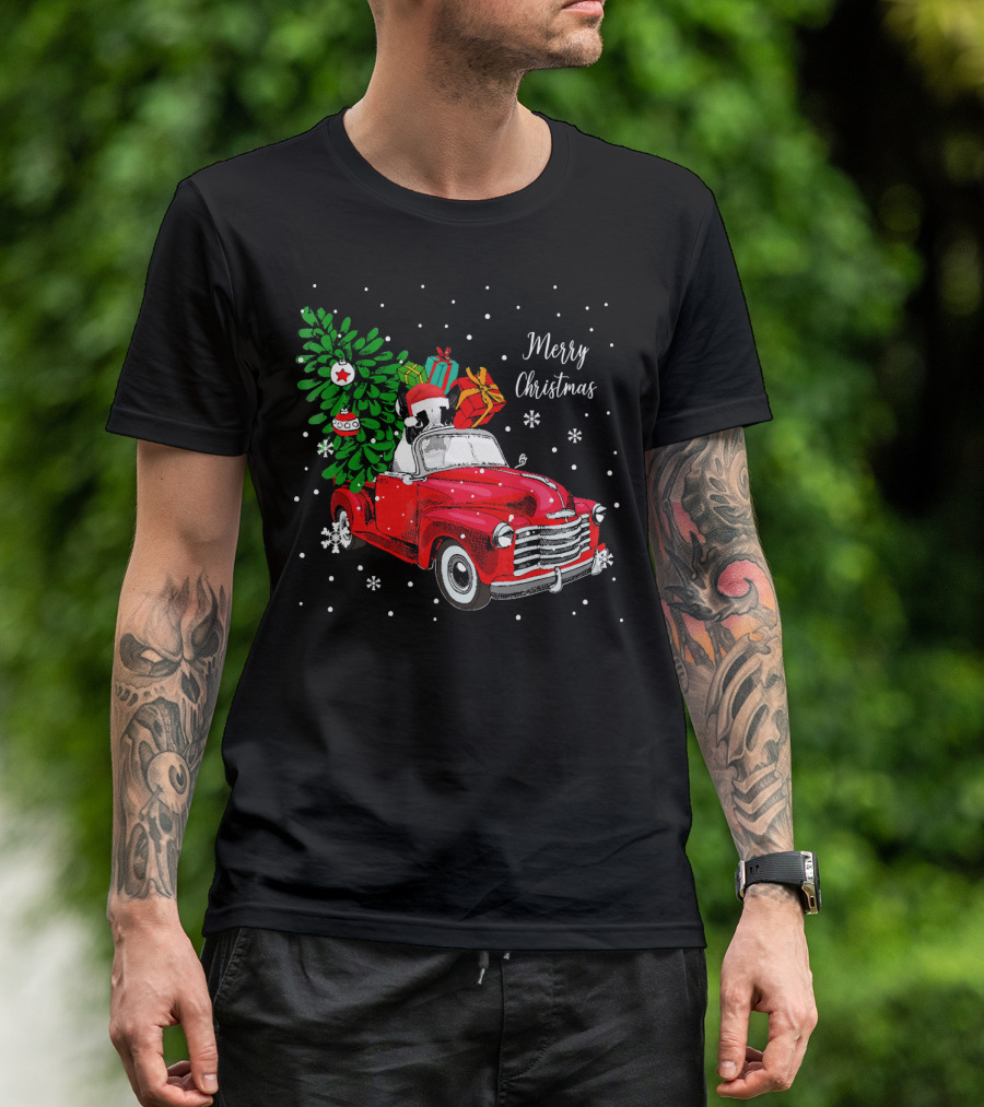 Merry Christmas Santa Boston Terrier Red Truck Snowflakes T-Shirt