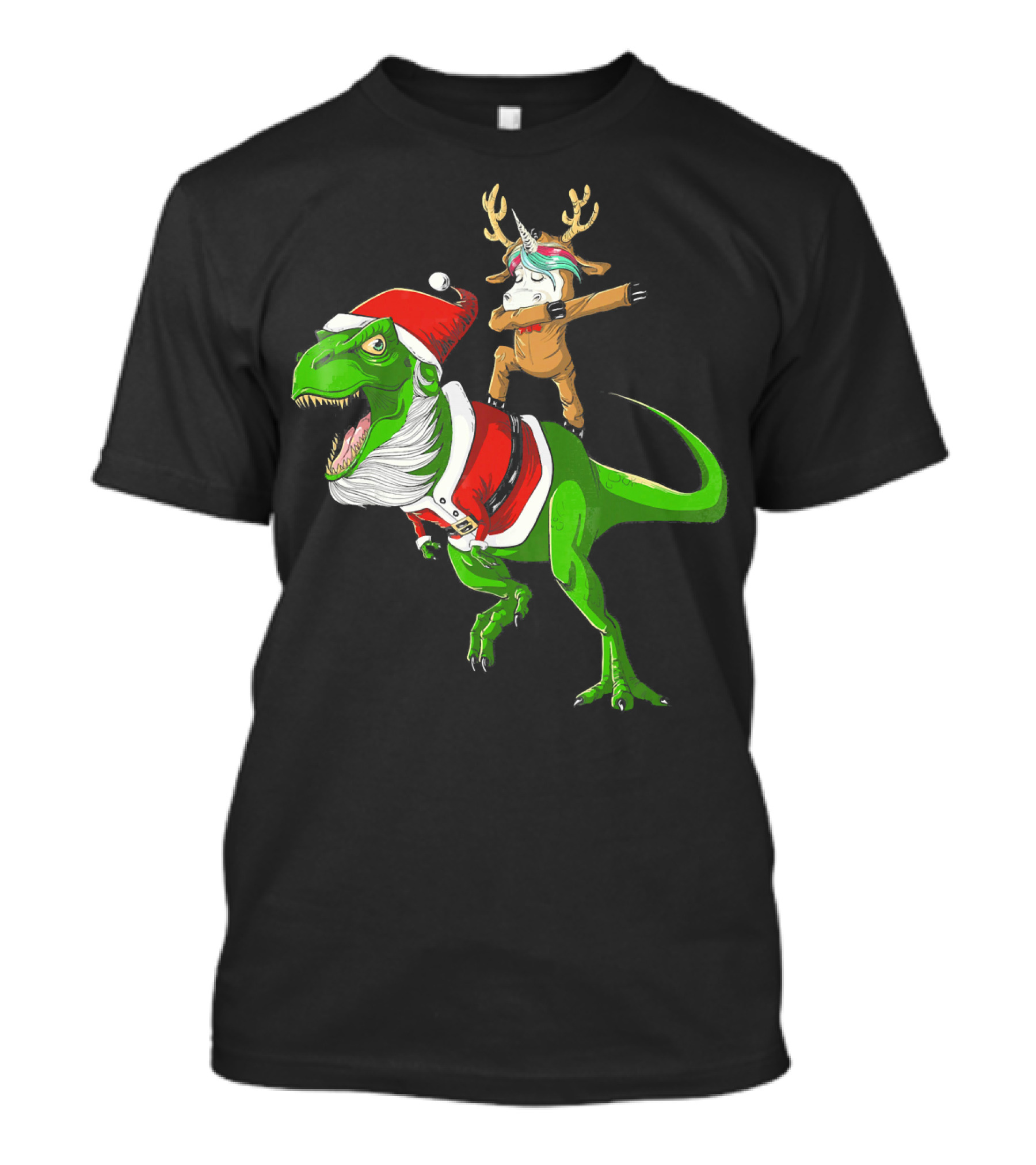 Unicorn Dabbing On Dinosaur Santa With Antlers T-Shirt