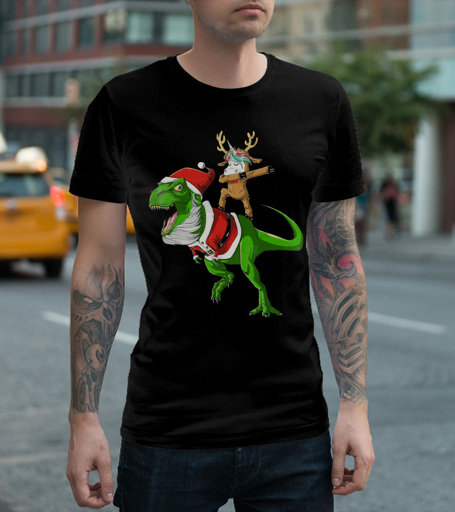 Unicorn Dabbing on Dinosaur Santa with Antlers T-Shirt