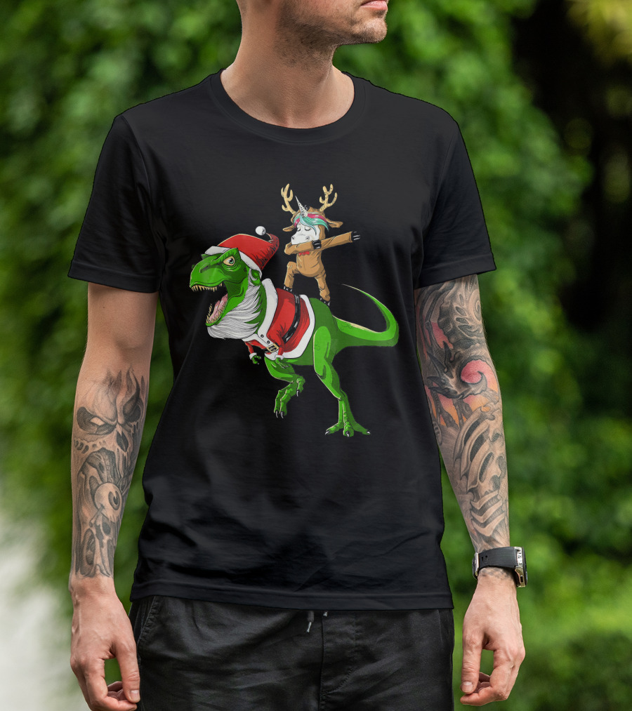 Unicorn Dabbing On Dinosaur Santa With Antlers T-Shirt