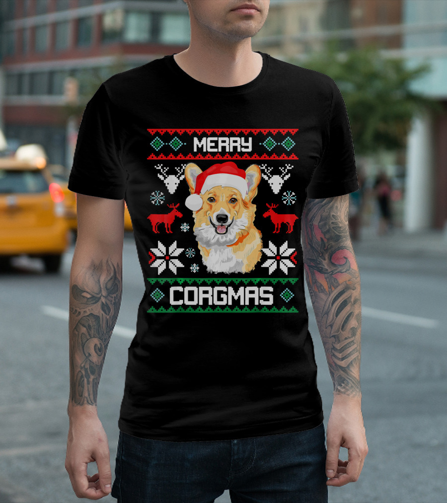 Merry Corgmas Corgi Dog Santa Hat Ugly Christmas T-Shirt