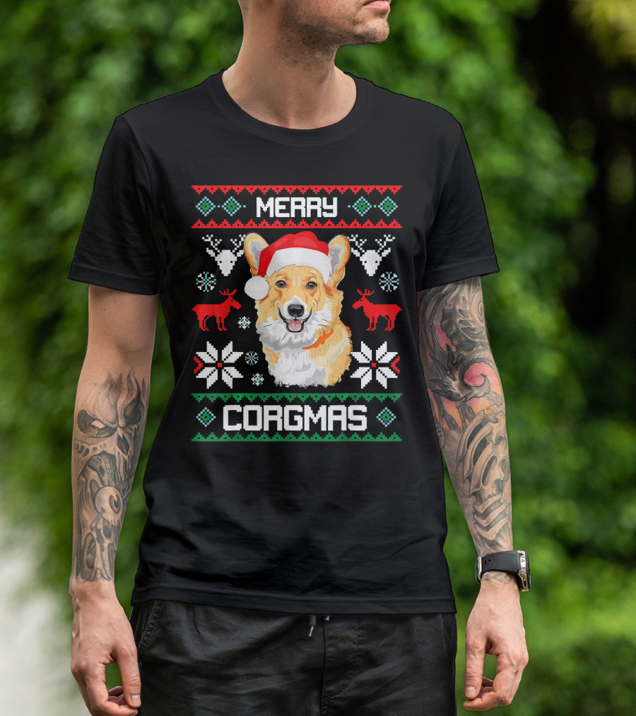 Merry Corgmas Corgi Dog Santa Hat Ugly Christmas T-Shirt
