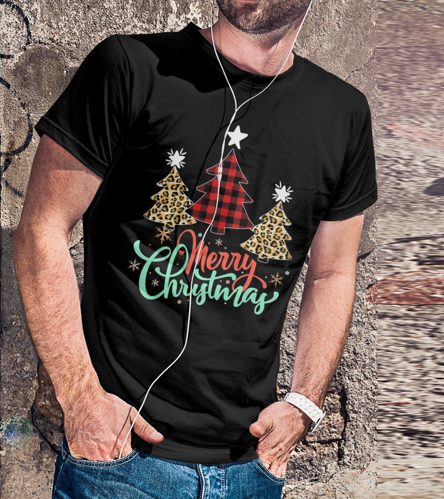 Merry Christmas Leopard Plaid Tree T-Shirt