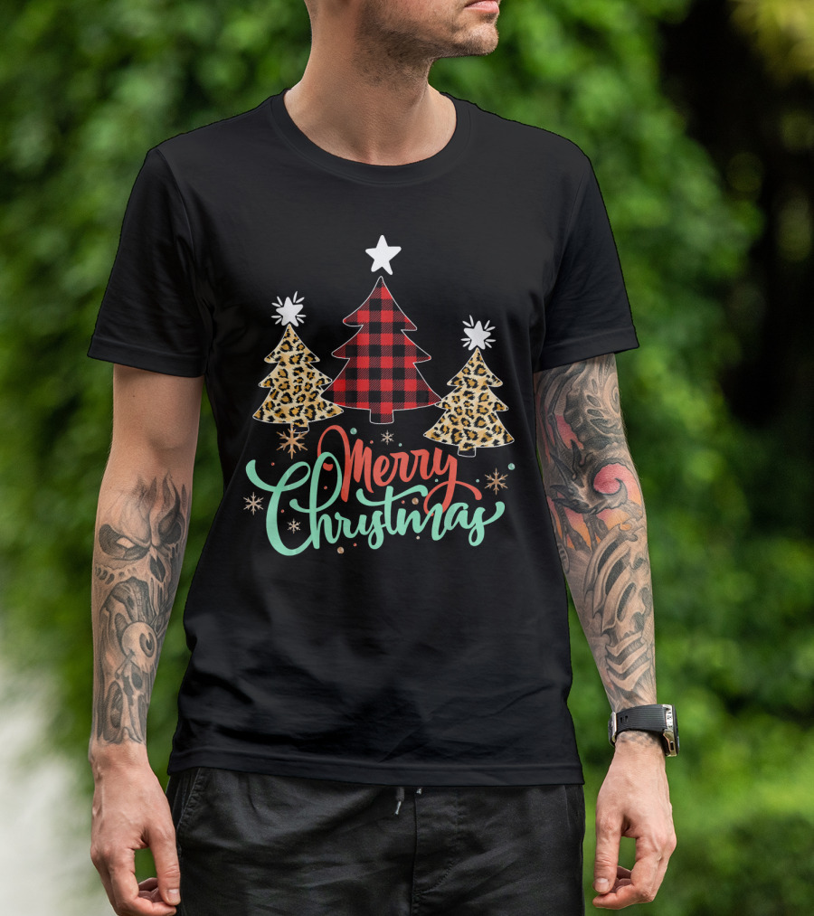 Merry Christmas Leopard Plaid Tree T-Shirt