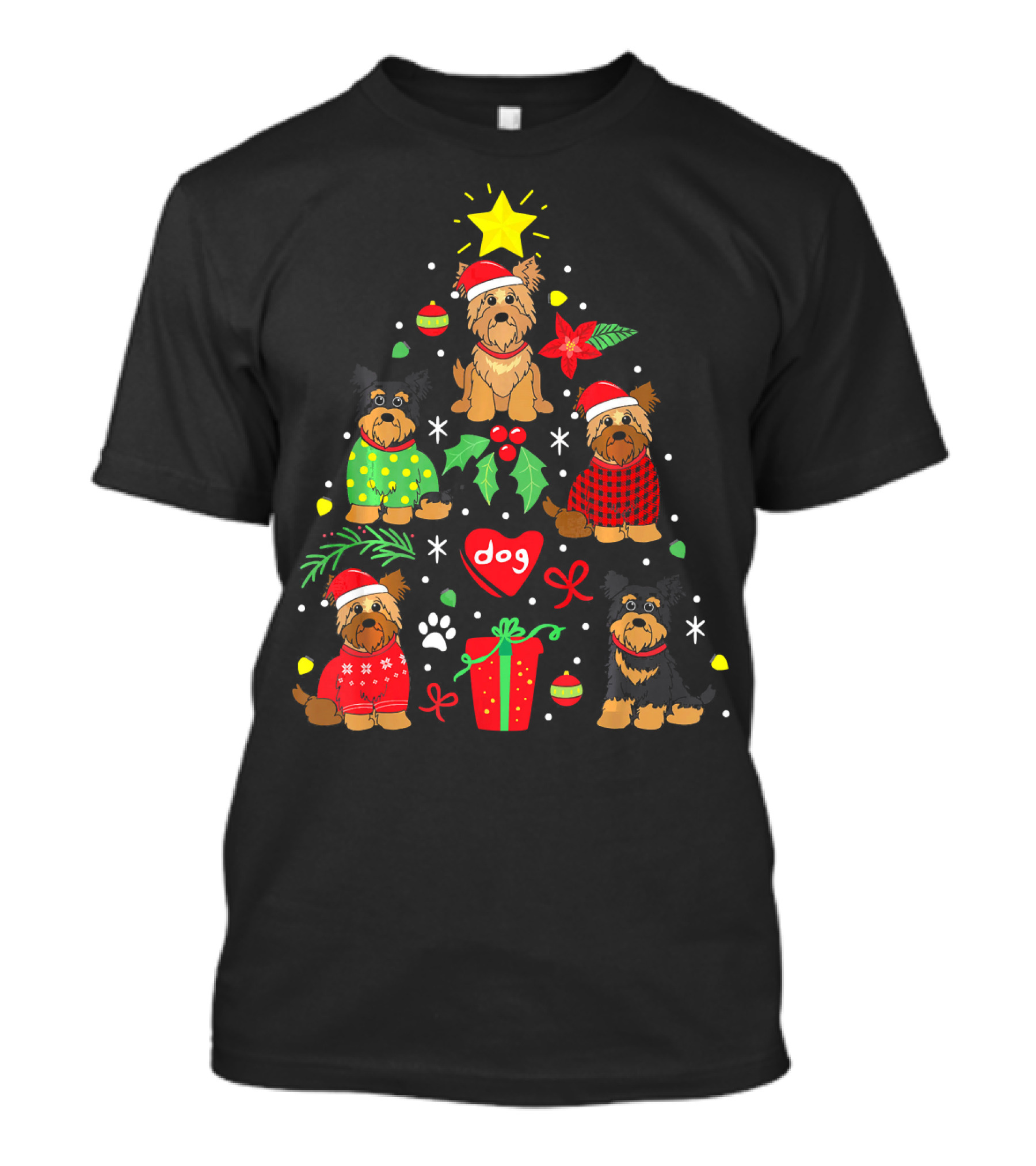 Yorkipoo Dog In Santa And Christmas Sweaters With Ornaments And Gifts T-Shirt