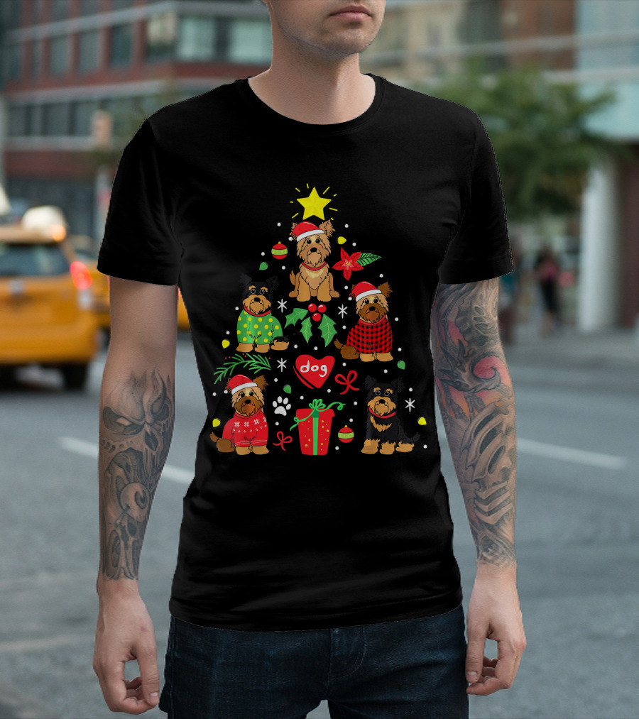 Yorkipoo Dog in Santa and Christmas Sweaters with Ornaments and Gifts T-Shirt