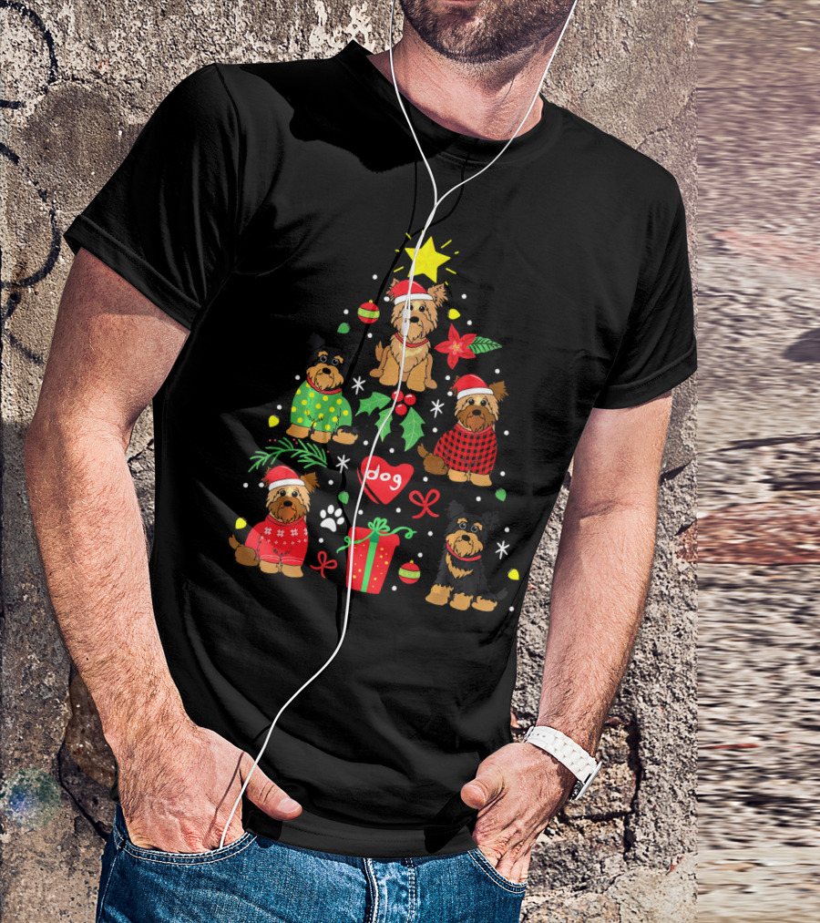 Yorkipoo Dog In Santa And Christmas Sweaters With Ornaments And Gifts T-Shirt