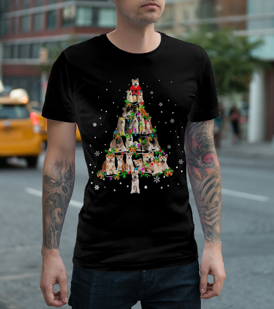 Cute Akita Dog Christmas Tree Decor with Snowflakes and Festive Lights T-Shirt