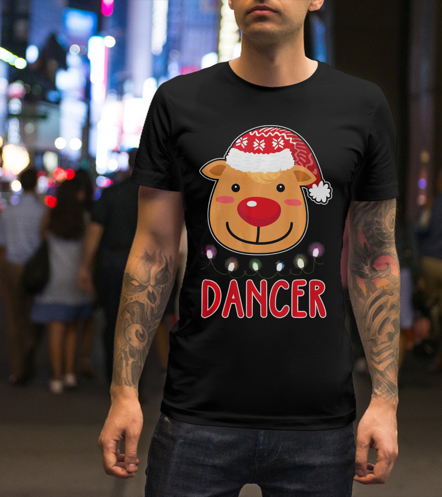 Dancer Reindeer Christmas Lights Santa Hat T-Shirt