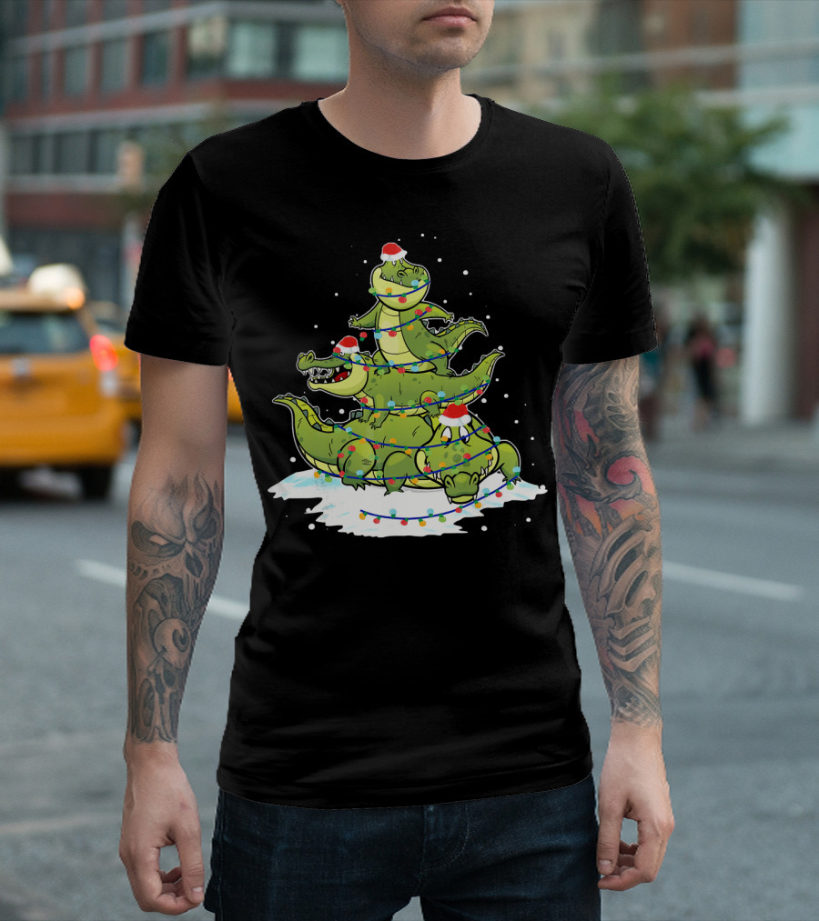 Alligator Santa Christmas Light Tree Festive Holiday Scene T-Shirt