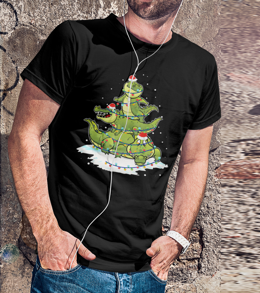 Alligator Santa Christmas Light Tree Festive Holiday Scene T-Shirt