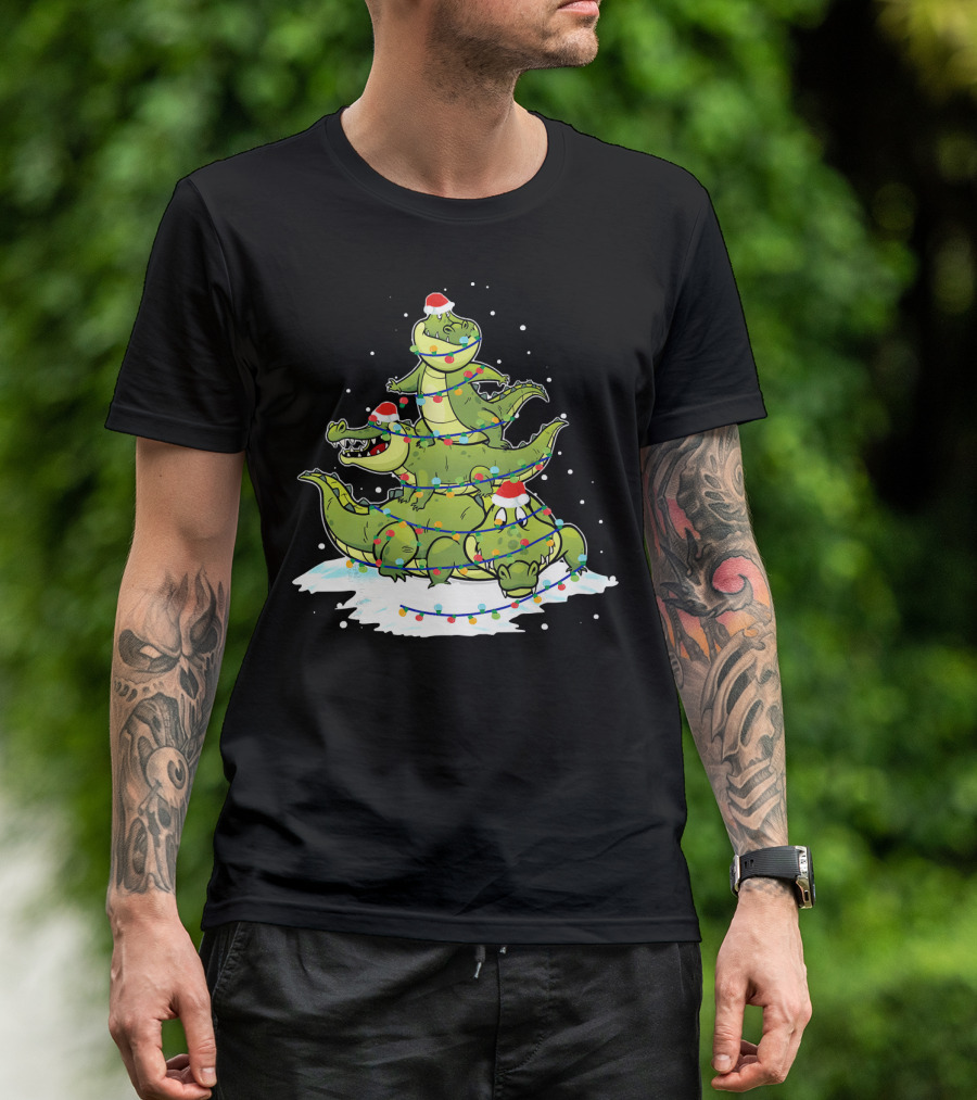 Alligator Santa Christmas Light Tree Festive Holiday Scene T-Shirt