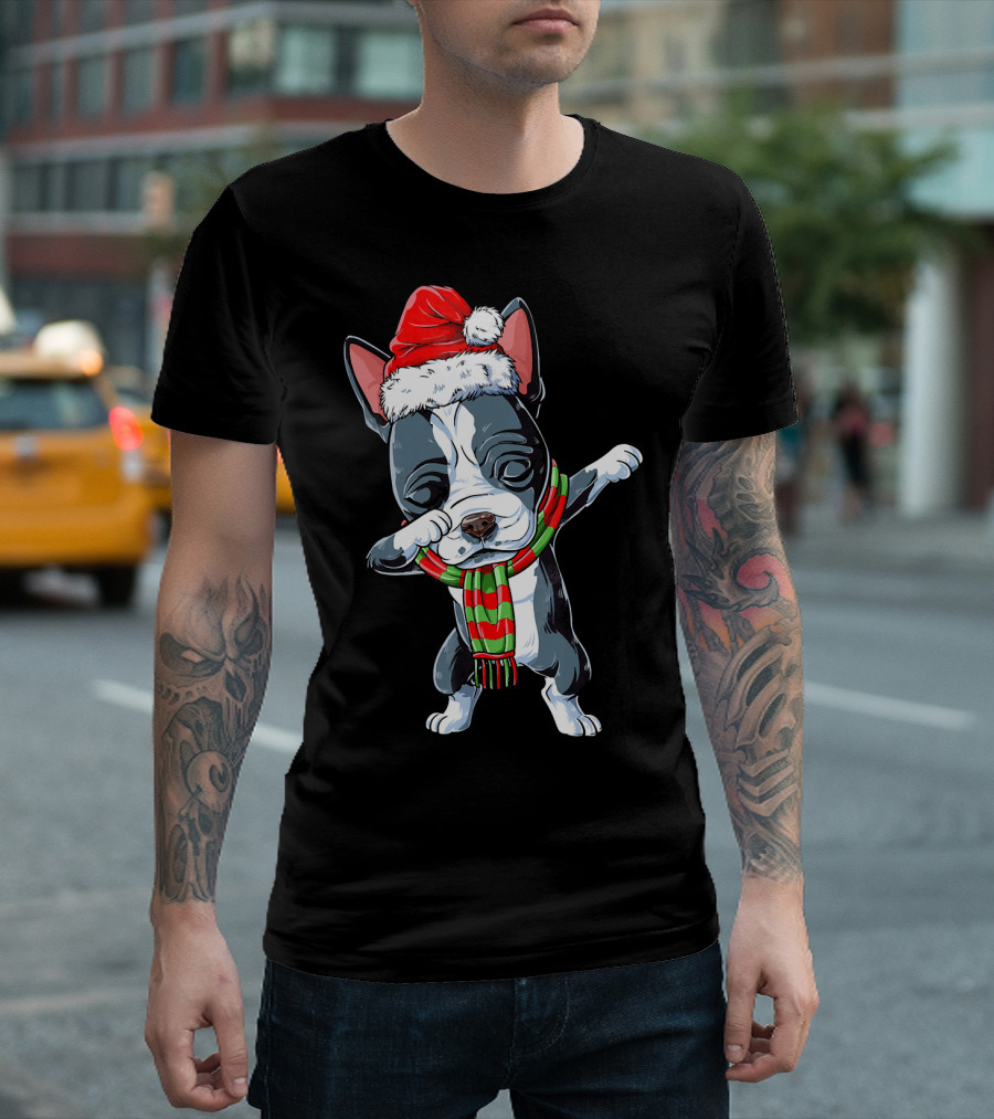 Dabbing Boston Terrier Santa Christmas Scarf Festive Dog T-Shirt