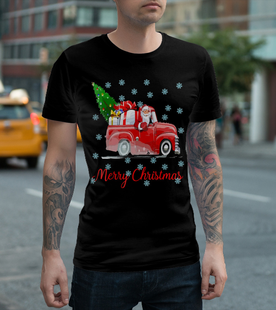 Merry Christmas Tree Santa Vintage Car With Presents And Snowflakes T-Shirt