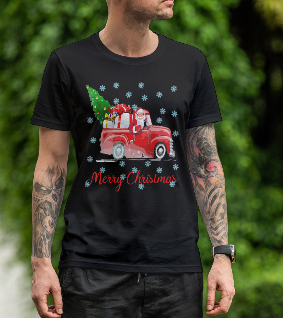 Merry Christmas Tree Santa Vintage Car With Presents And Snowflakes T-Shirt