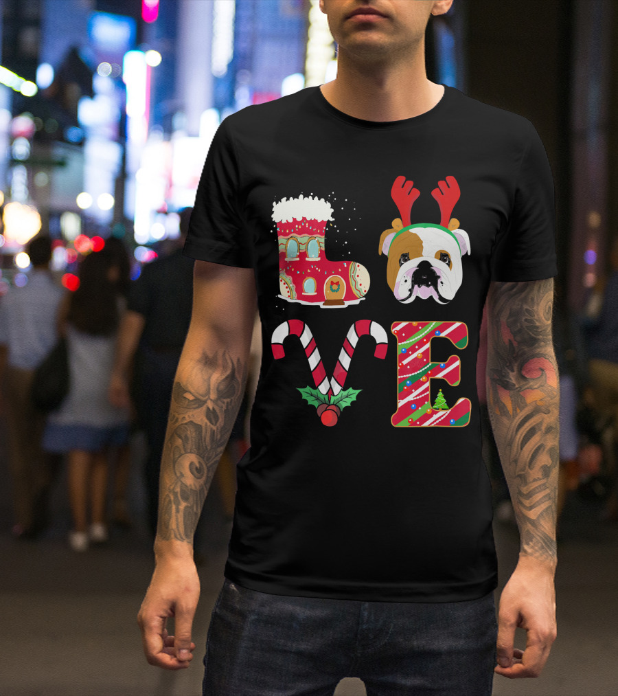 Love My English Bulldog Christmas Holiday Antlers Candy Cane T-Shirt