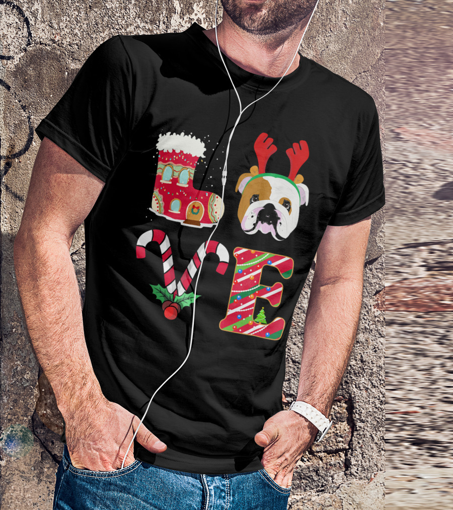 Love My English Bulldog Christmas Holiday Antlers Candy Cane T-Shirt