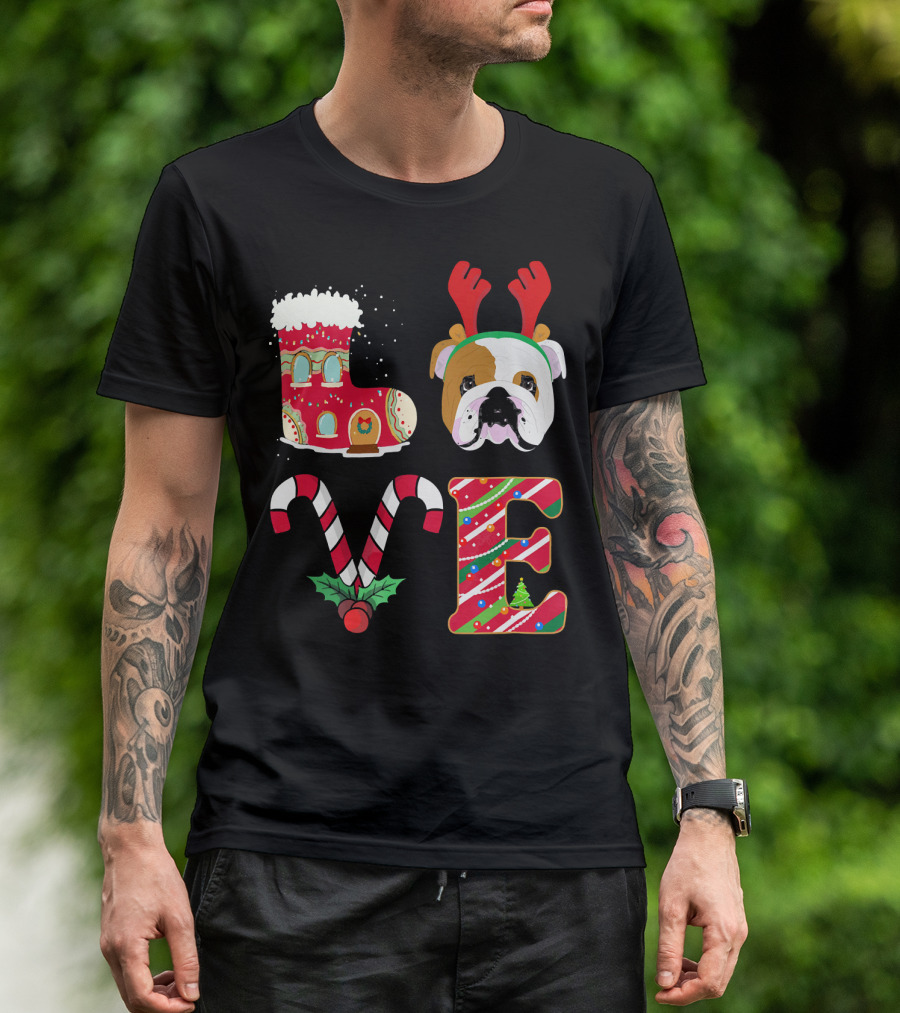 Love My English Bulldog Christmas Holiday Antlers Candy Cane T-Shirt