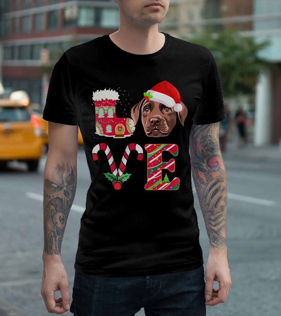 I Love My Chocolate Labrador Christmas Theme With Santa Hat And Candy Cane Decorations T-Shirt