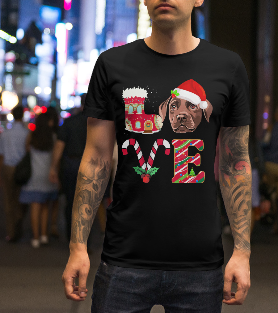 I Love My Chocolate Labrador Christmas Theme With Santa Hat And Candy Cane Decorations T-Shirt