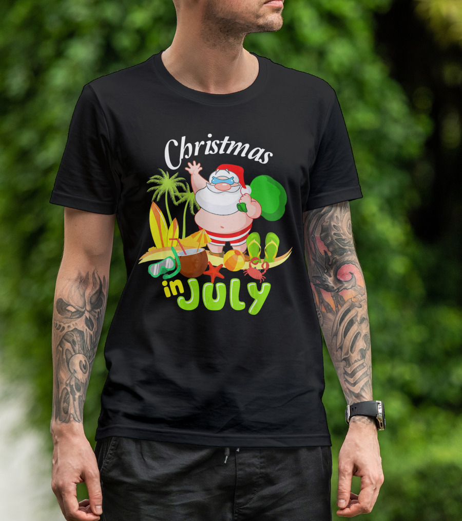 Christmas In July Santa With Surfboards, Palm Trees, Tropical Drinks, And Beach Accessories T-Shirt