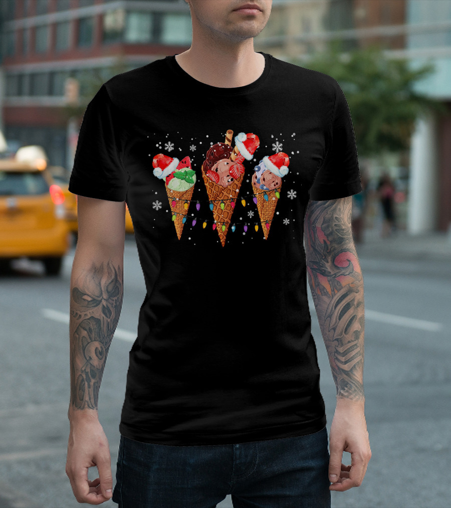 Ice Cream Cones Santa Hats Christmas Lights Snowflakes T-Shirt