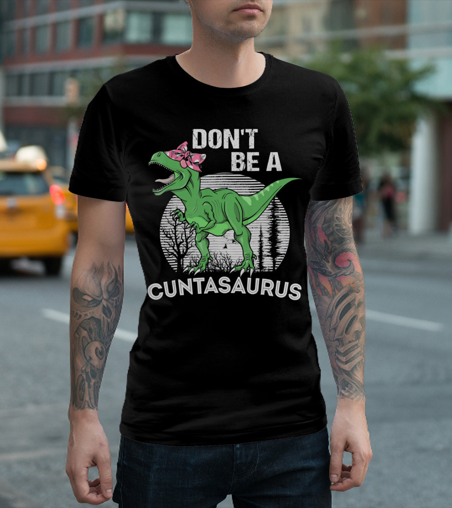 DON'T BE A CUNTASAURUS Dinosaur with Pink Bow in Moonlit Forest T-Shirt