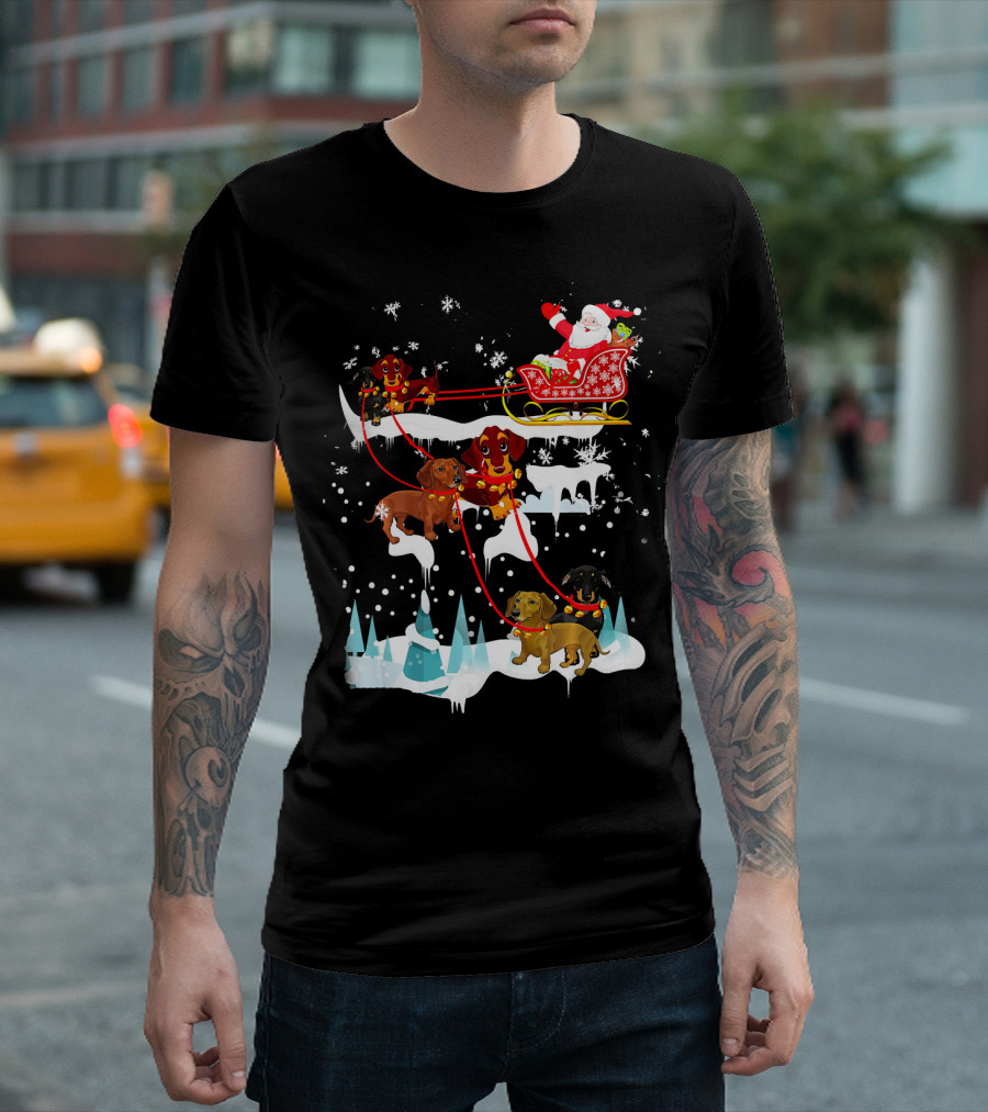 Santa Sleigh with Dachshund Reindeer Christmas Scene T-Shirt