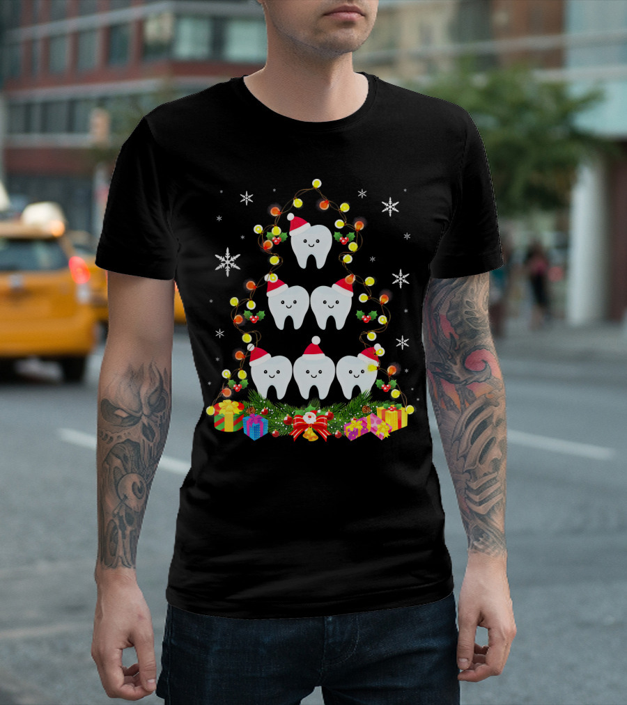 Dental Christmas Tree with Lighted Tooth Ornaments and Festive Gifts T-Shirt