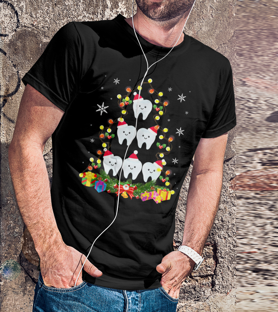 Dental Christmas Tree With Lighted Tooth Ornaments And Festive Gifts T-Shirt