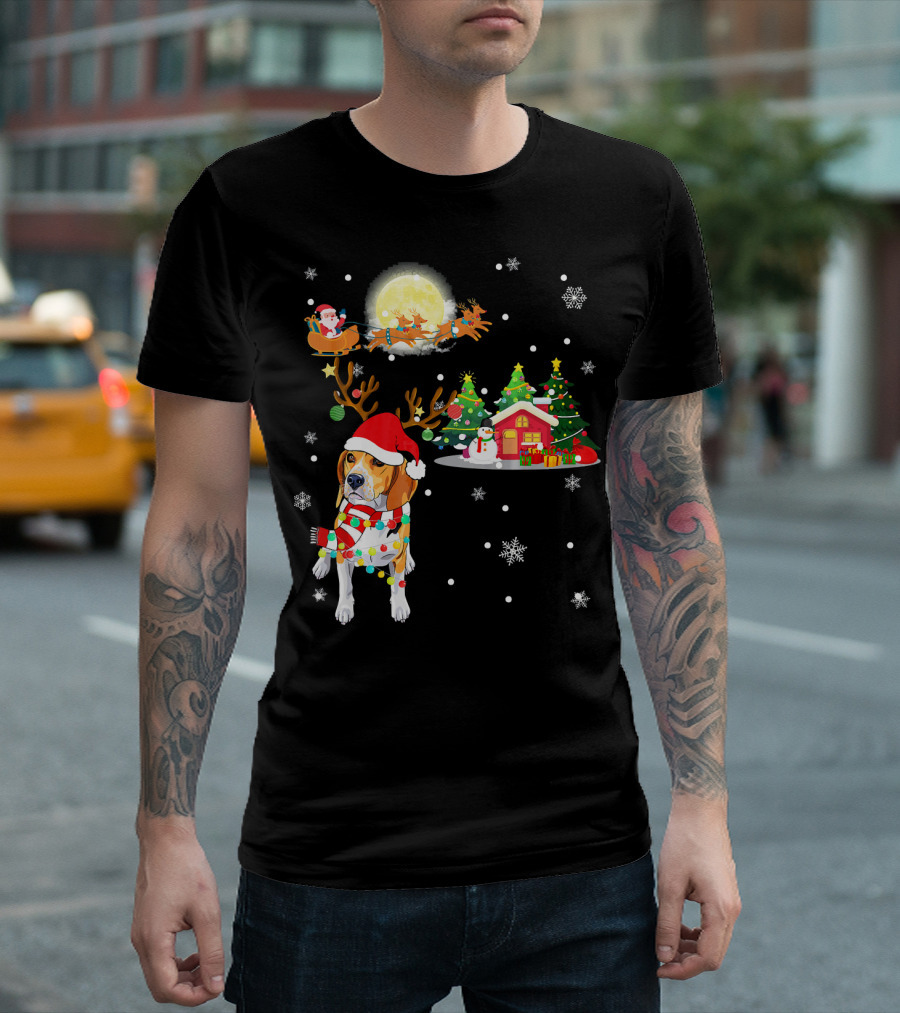 Beagle Christmas Santa Sleigh Trees Snowman Holiday Scene T-Shirt