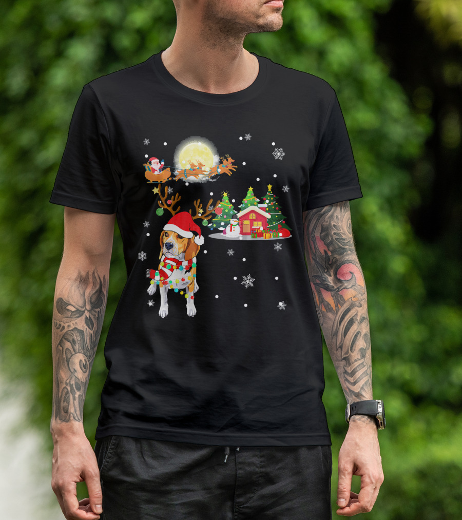 Beagle Christmas Santa Sleigh Trees Snowman Holiday Scene T-Shirt