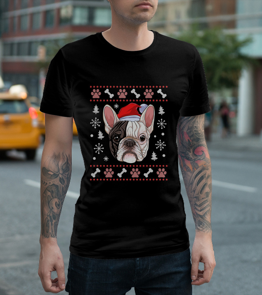 French Bulldog Christmas Santa Hat Snowflake Paw Bones T-Shirt