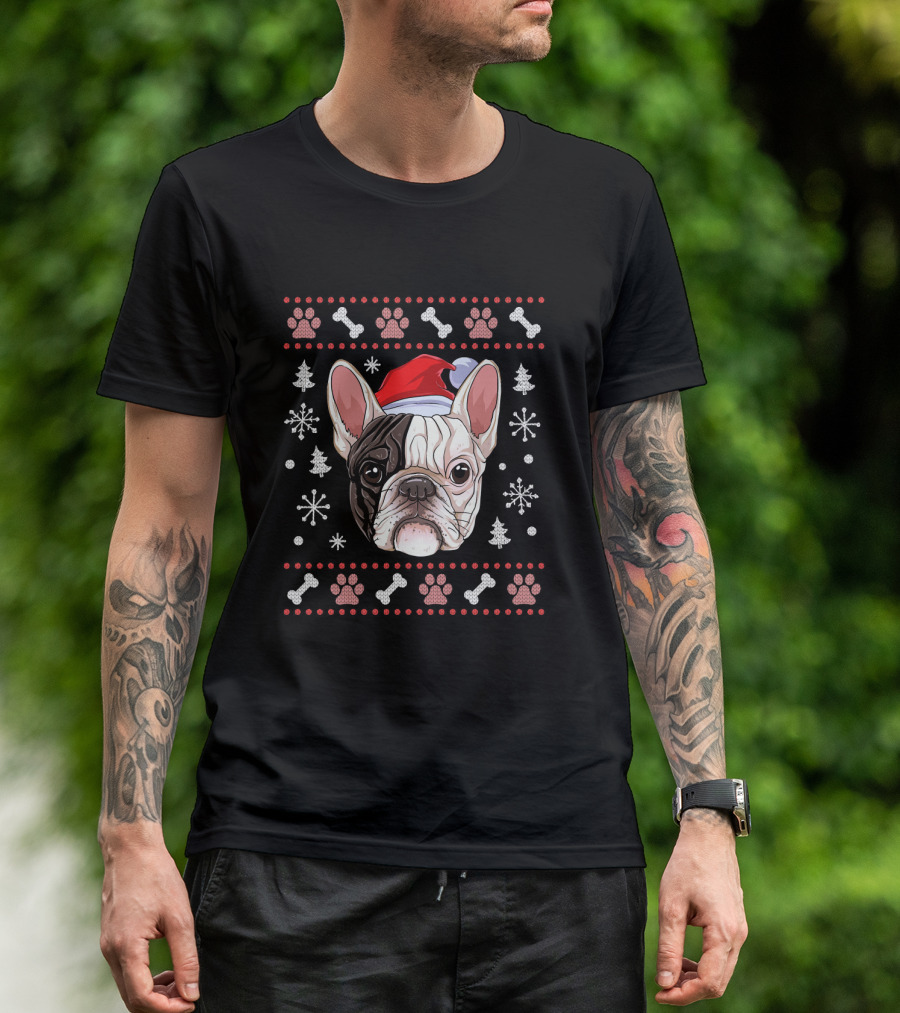 French Bulldog Christmas Santa Hat Snowflake Paw Bones T-Shirt