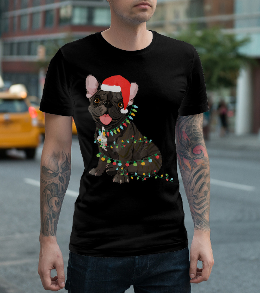 Santa French Bulldog Tangled In Christmas Lights T-Shirt