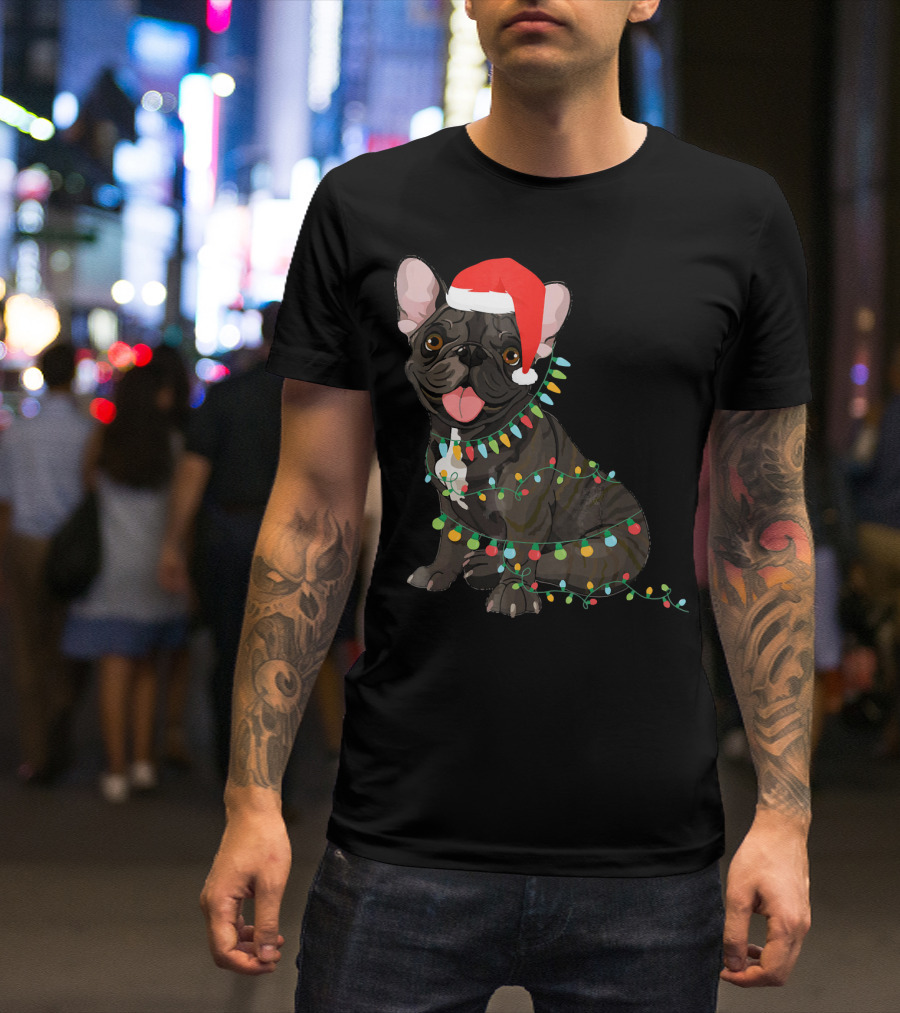Santa French Bulldog Tangled In Christmas Lights T-Shirt