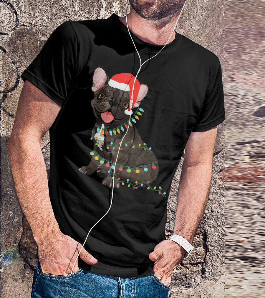 Santa French Bulldog Tangled In Christmas Lights T-Shirt