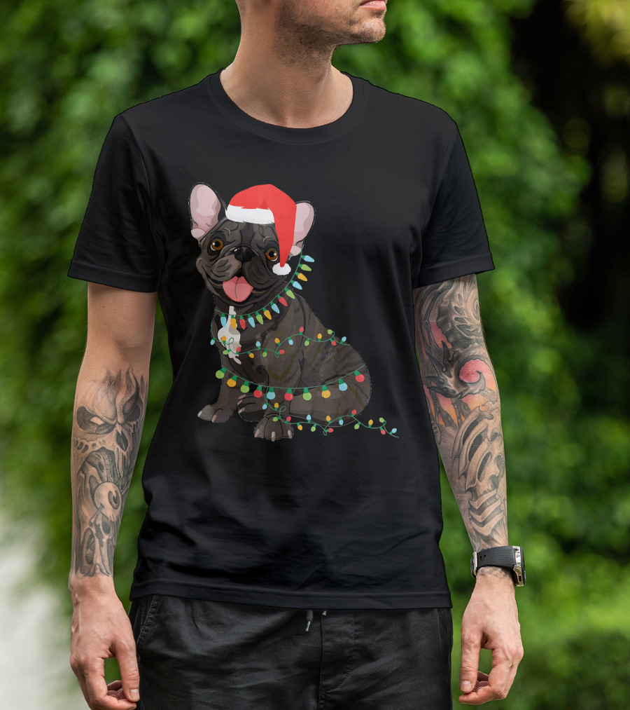 Santa French Bulldog Tangled In Christmas Lights T-Shirt