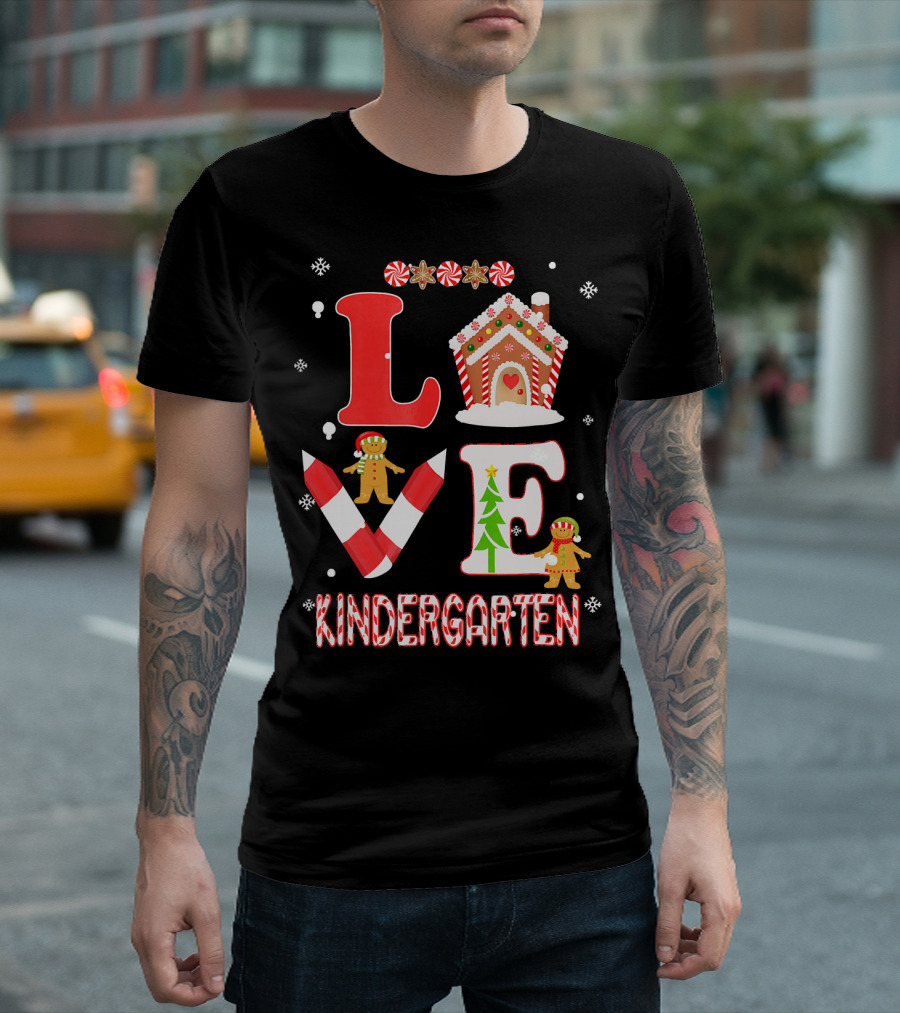 Love Kindergarten Teacher Gingerbread Candy Cane Christmas T-Shirt