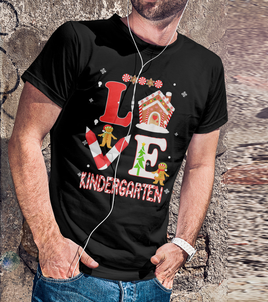 Love Kindergarten Teacher Gingerbread Candy Cane Christmas T-Shirt