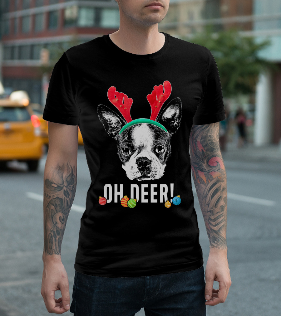 Oh Deer Boston Terrier with Reindeer Antlers and Christmas Ornaments T-Shirt