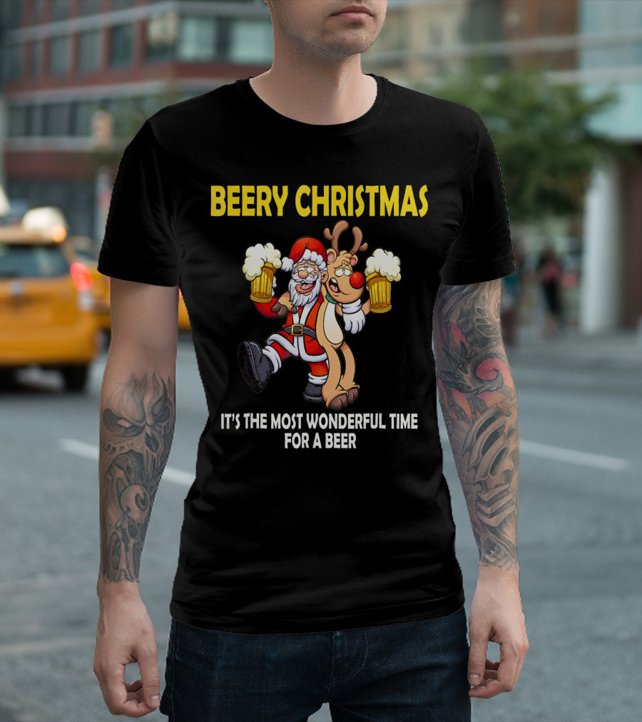 Beery Christmas It's the Most Wonderful Time for a Beer Santa and Reindeer Cheers T-Shirt